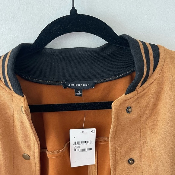 Blu Pepper Tan Suede and Black Leather Women's Varsity Jacket - Picture 3 of 8